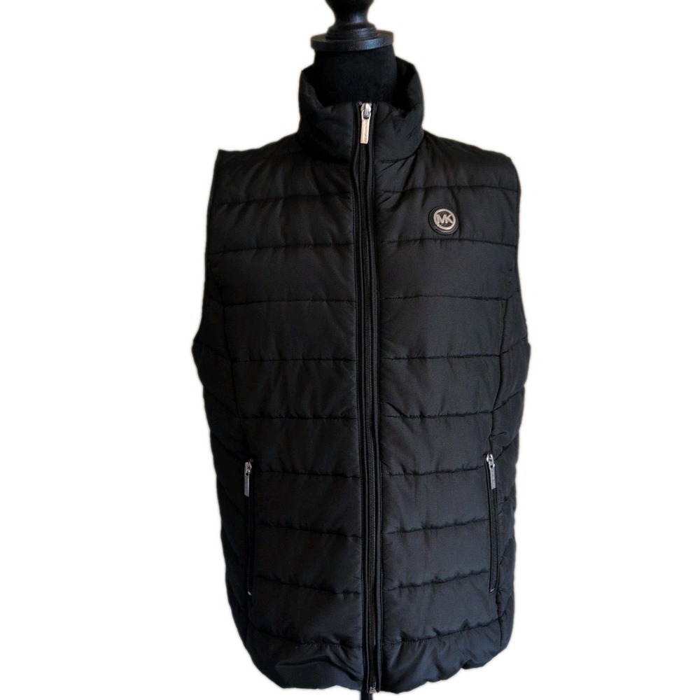 Michael Kors Puffer Vest Sz Large Jacket Black Full Zip Stand Up Collar Logo EUC